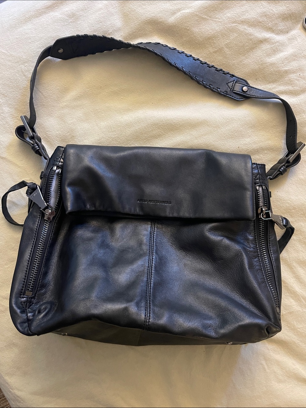 Soft Black Leather Shoulder Bag with Fold-Over Flap